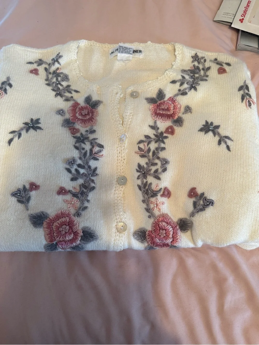 Alfred Dunner Cream Cardigan with Pink Rose Embroidery